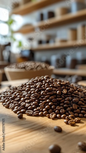 Freshly roasted coffee beans displayed in a bowl at a local cafe during the m...
