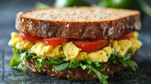 Breakfast sandwich featuring scrambled eggs, tomatoes, and arugula on whole g...