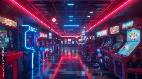 A vibrant and immersive arcade room illuminated by neon lights, showcasing a variety of classic video games and pinball machines