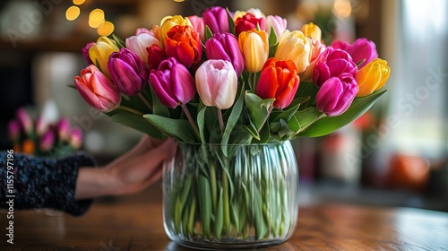 Colorful tulips arranged in a clear vase held by a person in a cozy indoor se...