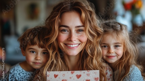 Smiling woman surrounded by children with flowers in a cozy indoor setting