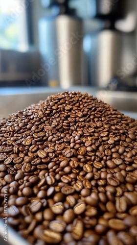 Freshly roasted coffee beans displayed in a bowl at a local cafe during the m...