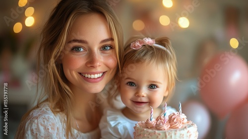 Joyful mother and child sharing a homemade cake in a cozy kitchen on a sunny day