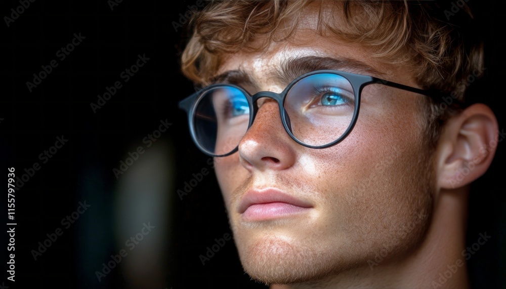 Man with light brown hair and glasses contemplates while in a softly illuminated space Man with light brown hair and glasses contemplates while in a softly illuminated space