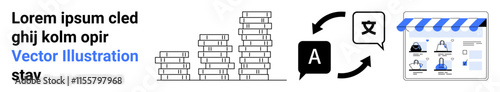 Text, stack of coins, A, translation symbol, website interface. Ideal for translation services, business growth, multilingual websites, e-commerce financial reports language training educational