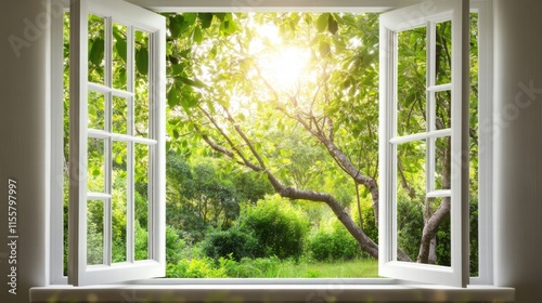 Bright garden framed by open windows invites fresh air and sunlight into the room. Generative AI