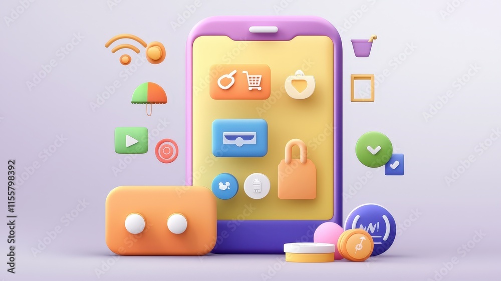 mobile payment and efficiency concept. Colorful smartphone with various app icons and interactive elements, showcasing modern digital communication. mobile payment and efficiency concept. Colorful smartphone with various app icons and interactive elements, showcasing modern digital communication.