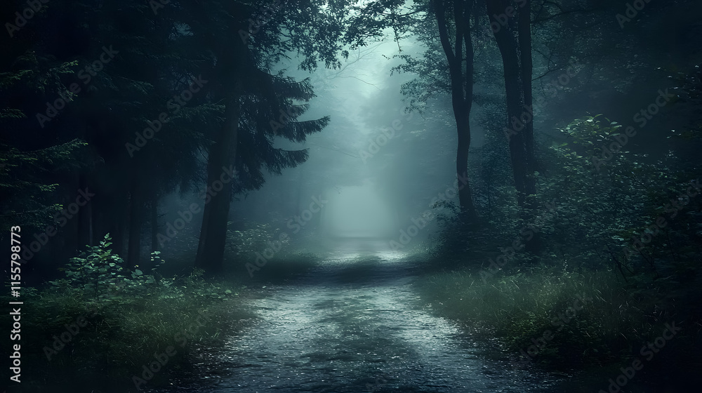 Fototapeta premium Dark, moody forest pathway shrouded in mist, evoking mystery and intrigue.