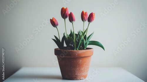 Wallpaper Mural Five orange-red tulips in a terracotta pot on a white table against a light wall. Torontodigital.ca