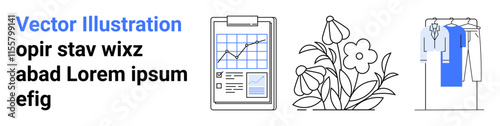 Graphical chart on clipboard with data analysis, blooming flowers, and clothes on a hanger. Ideal for business presentations, environmental topics, fashion industry, data visualization, gardening