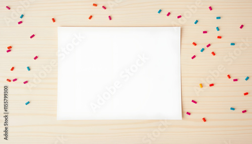 Mock-up of blank white card on light wooden background with confetti, funny desktop for any holiday, flat design. isolated with white shades
