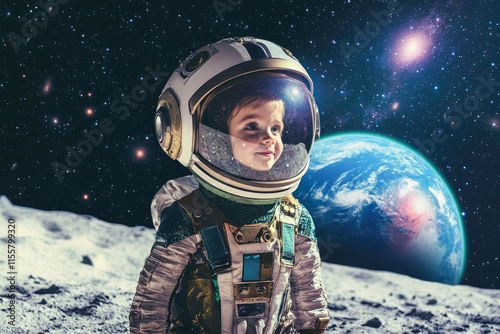 Young caucasian child astronaut exploring space in a spacesuit on a moon surface photo