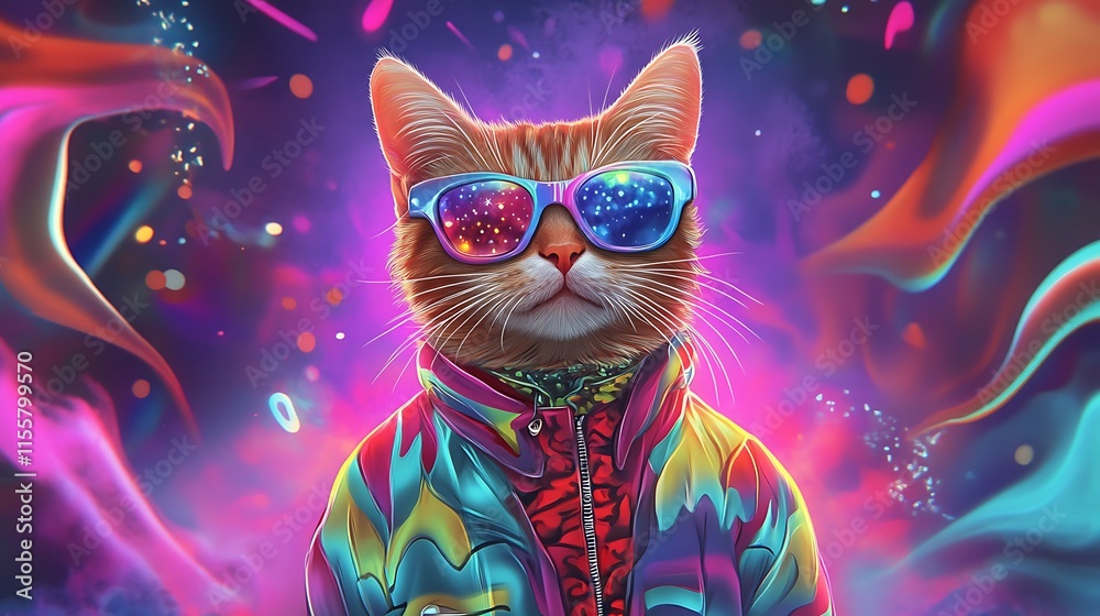 An artistic collage of a fashionable cat dressed in vibrant outfits, surrounded by whimsical pastel accents and glowing details for a fun visual An artistic collage of a fashionable cat dressed in vibrant outfits, surrounded by whimsical pastel accents and glowing details for a fun visual