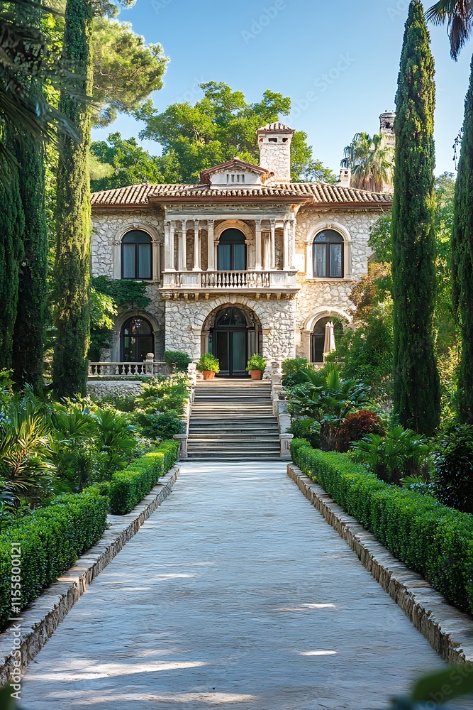 An elegant stone villa surrounded by lush gardens and towering trees, featuring classic Mediterranean architecture. An elegant stone villa surrounded by lush gardens and towering trees, featuring classic Mediterranean architecture.