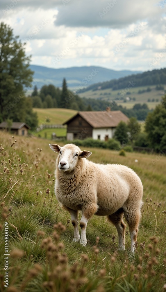 Curious sheep standing in a green field near a farmhouse with mountains in background Curious sheep standing in a green field near a farmhouse with mountains in background