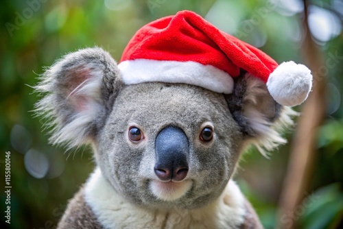 Festive koala portrait with a red Santa hat, perfect for holiday themed designs and Christmas greetings with a twist. photo