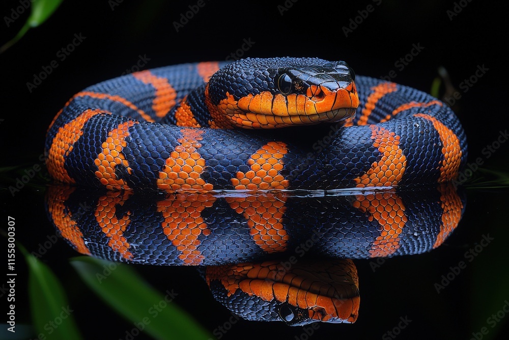 Fototapeta premium Striking image of a vibrant, orange and black snake coiled in water, reflecting perfectly. Its scales and patterns are highly detailed.