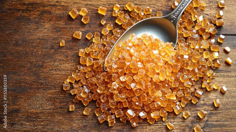Brown sugar crystals scattered on a wooden table with a stainless steel spoon