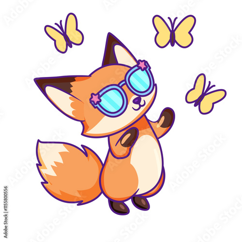 Cute Fox Cartoon Kawaii Sticker. Character Vector Illustration