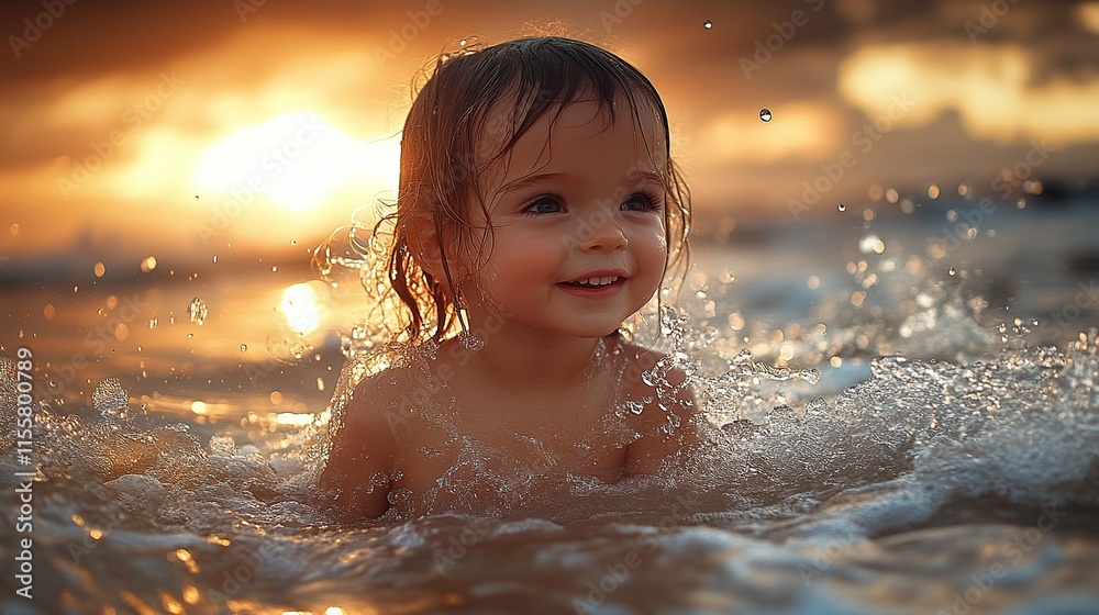 Joyful toddler girl playing in ocean waves at sunset, golden hour light, splashing water. Joyful toddler girl playing in ocean waves at sunset, golden hour light, splashing water.