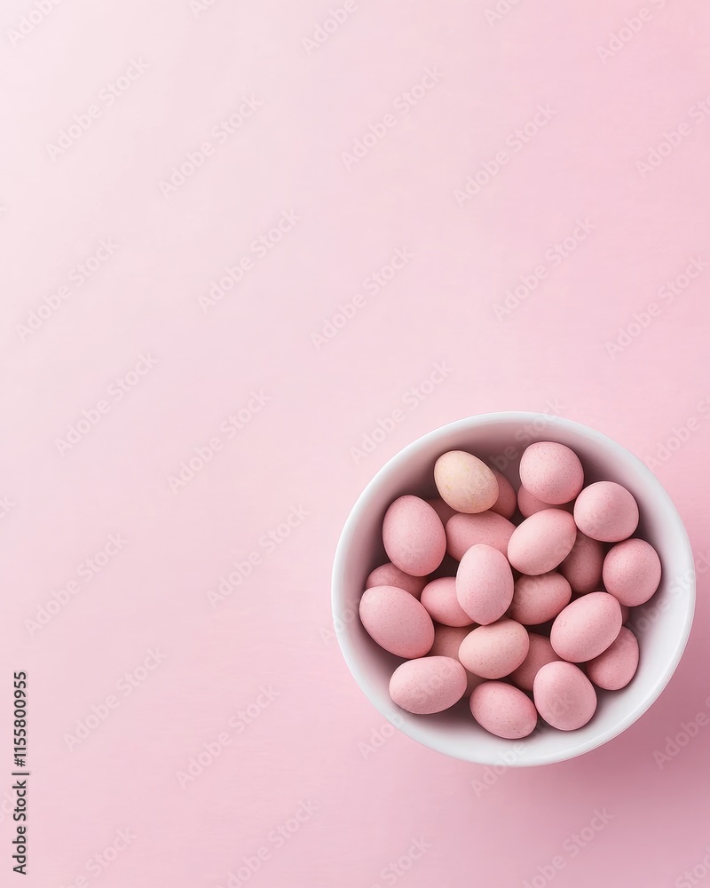 A bowl filled with pink candies on a soft pink background, evoking a sweet and playful vibe. A bowl filled with pink candies on a soft pink background, evoking a sweet and playful vibe.