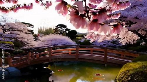 Cherry blossoms blooming in a Japanese garden with beautiful flowers while the sun moves across the sky, casting dynamic shadows over a traditional wooden bridge and koi pond.