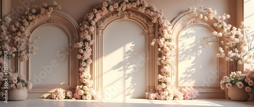 Wedding backdrop, photo backdrop with elegant floral arch and renaissance style wall