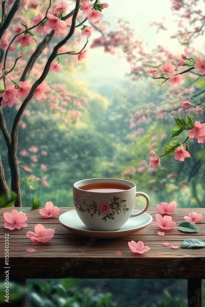 Refreshing tea surrounded by blooming flowers at a tranquil garden setting Refreshing tea surrounded by blooming flowers at a tranquil garden setting