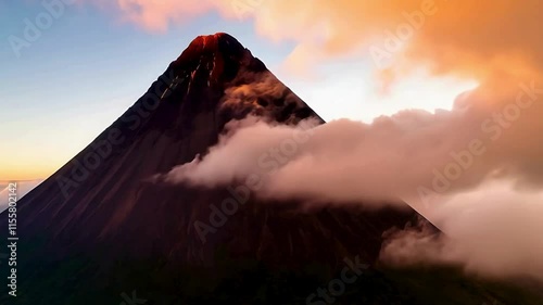 Clouds swirling dramatically over a towering volcano during sunrise.