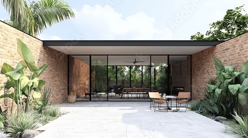Modern Brick House with Patio and Tropical Garden