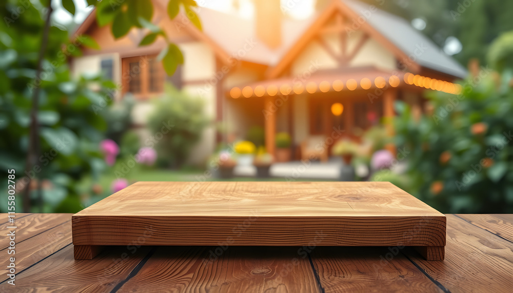 Real photographs of wood table top on blur bokeh green leaf garden with house background, comic art. isolated with white shades Real photographs of wood table top on blur bokeh green leaf garden with house background, comic art. isolated with white shades