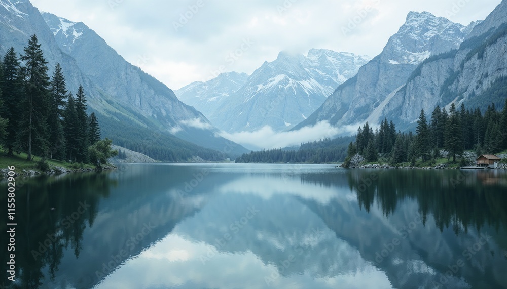 Serene mountain lake reflecting peaks and clouds in tranquil nature setting Serene mountain lake reflecting peaks and clouds in tranquil nature setting
