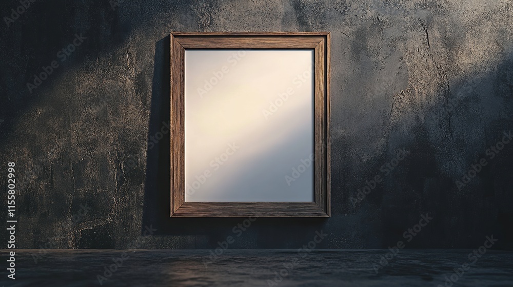 Dark moody interior with a blank wooden frame on a textured wall. Perfect for mockups, presentations, and design projects. Dark moody interior with a blank wooden frame on a textured wall. Perfect for mockups, presentations, and design projects.