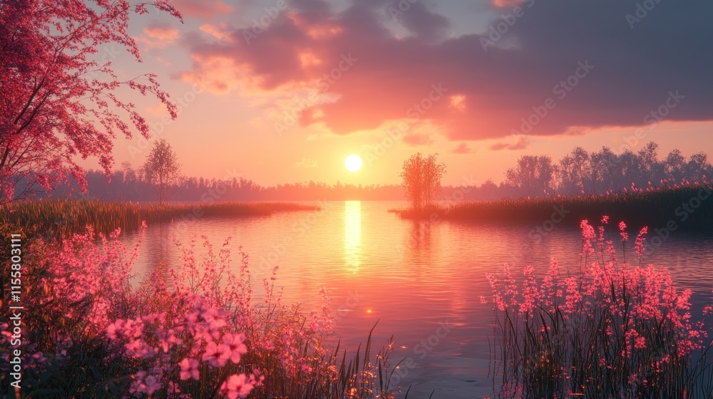 Fototapeta premium Serene Sunset over Calm Lake with Pink Flowers