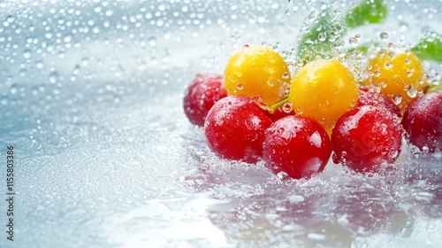 Fresh Fruits with Water Droplets on Table