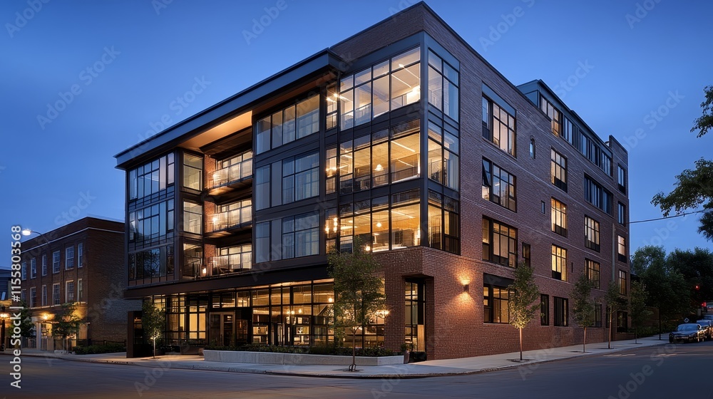 Modern brick building with large glass windows, showcasing a stylish urban design. Modern brick building with large glass windows, showcasing a stylish urban design.