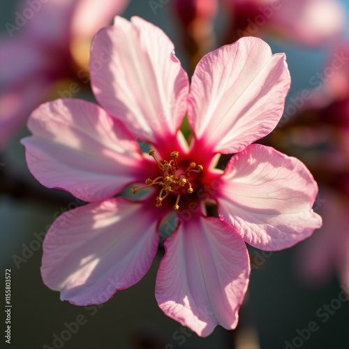 The image is a close-up of a pink flower with a yellow center.