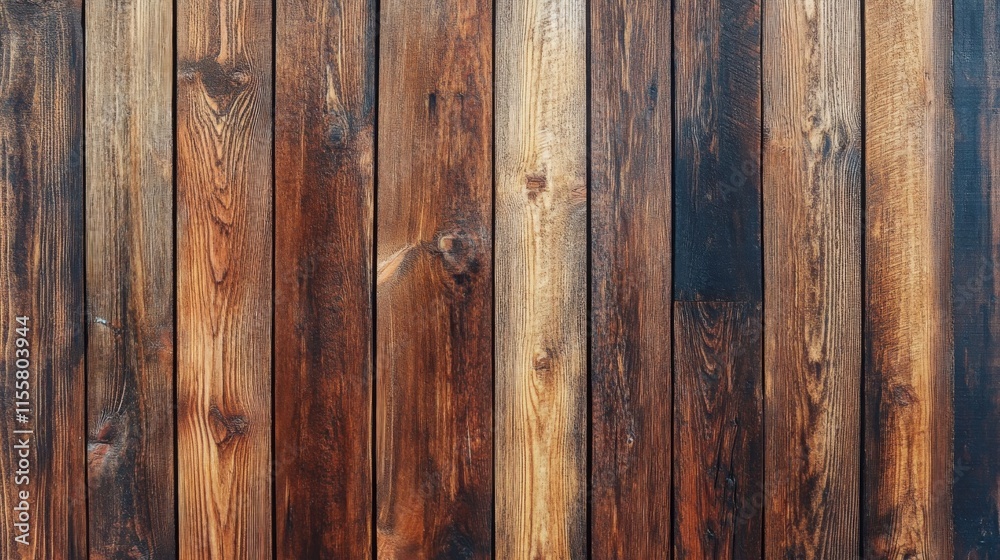 Naklejka premium A textured wooden wall featuring a variety of brown hues and patterns, showcasing natural imperfections and grain.