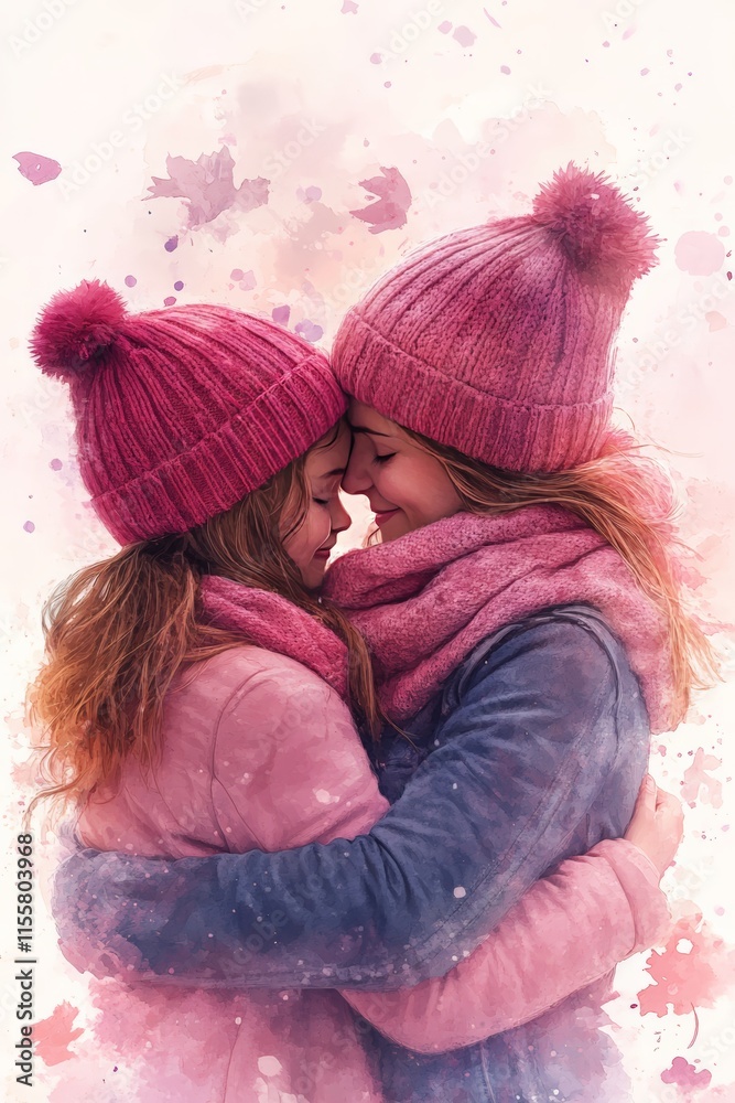 Sisters embracing in winter hats with warm expressions and a snowy background Sisters embracing in winter hats with warm expressions and a snowy background