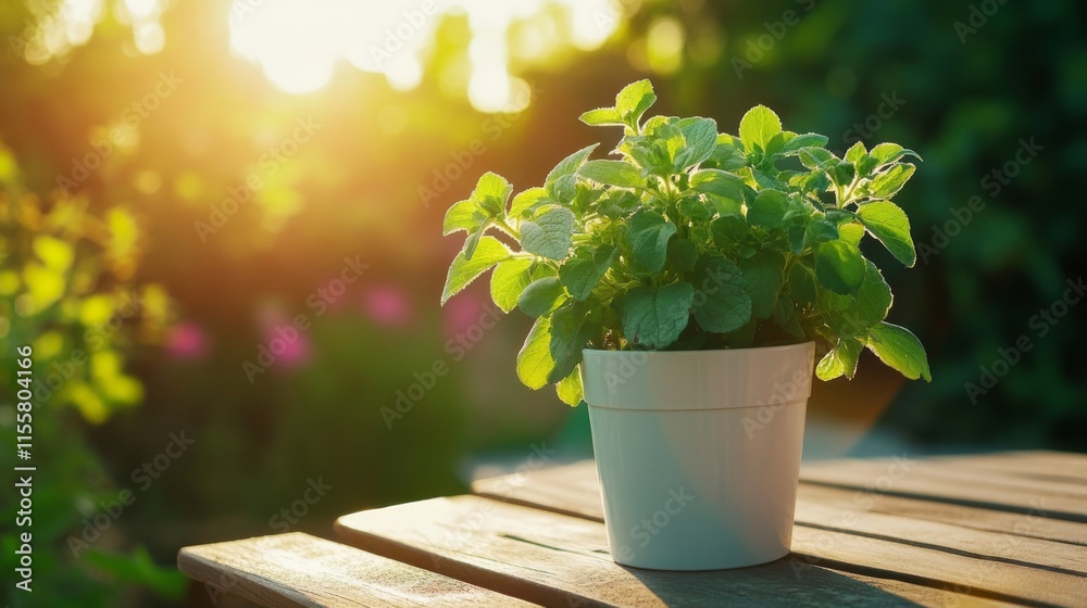 Fresh Herbs in Bright Outdoor Light on a Wooden Table Fresh Herbs in Bright Outdoor Light on a Wooden Table