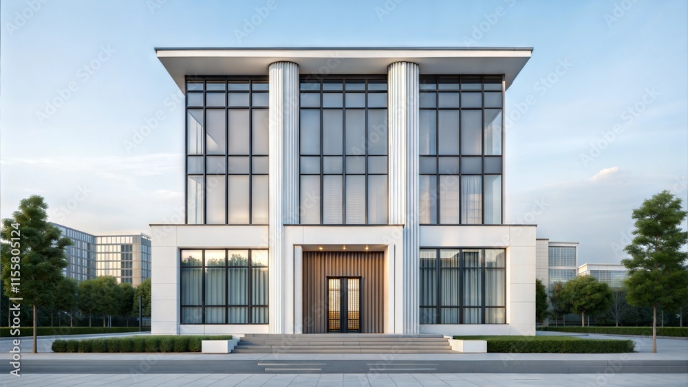 Elegant Modern Building with Glass Windows and Pillared Entrance Elegant Modern Building with Glass Windows and Pillared Entrance