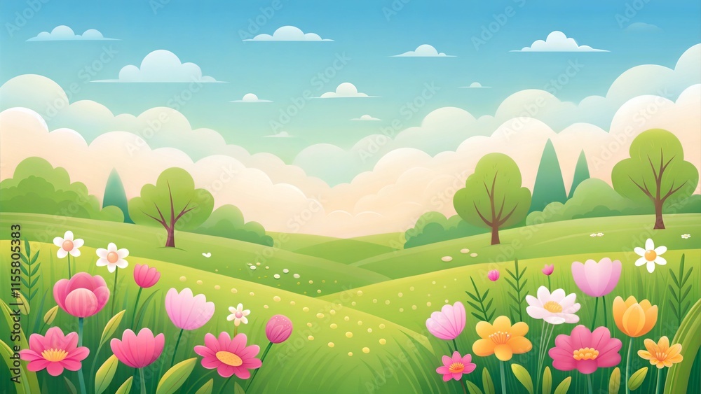 Cartoon spring meadow with colorful flowers and trees Cartoon spring meadow with colorful flowers and trees
