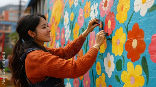 Colorful mural creation by artist in vibrant urban setting during sunny morning hours