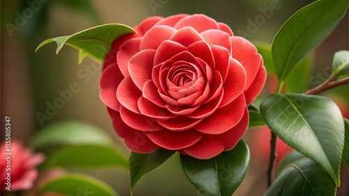 Close-up of vibrant red camellia flower in sunlight.