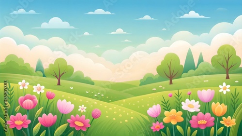 Cartoon spring meadow with colorful flowers and trees