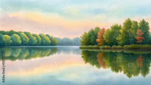 Autumn trees reflected in a calm lake at sunrise