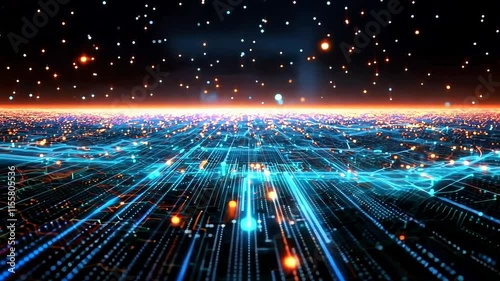 Computer generated image of a cityscape with a blue sky and orange lights. The image is full of bright, glowing dots that create a sense of movement and energy. Scene is one of excitement and wonder