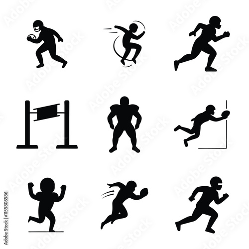 A collection of American football silhouette icons featuring players in various dynamic poses,