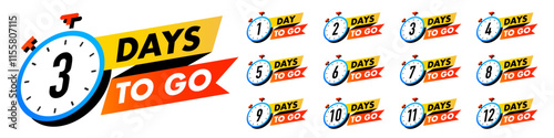 Countdown days to go vector 1,2,3,4,5,6,7,8,9,10,11,12 badge set for social media post, promotion, promo offer