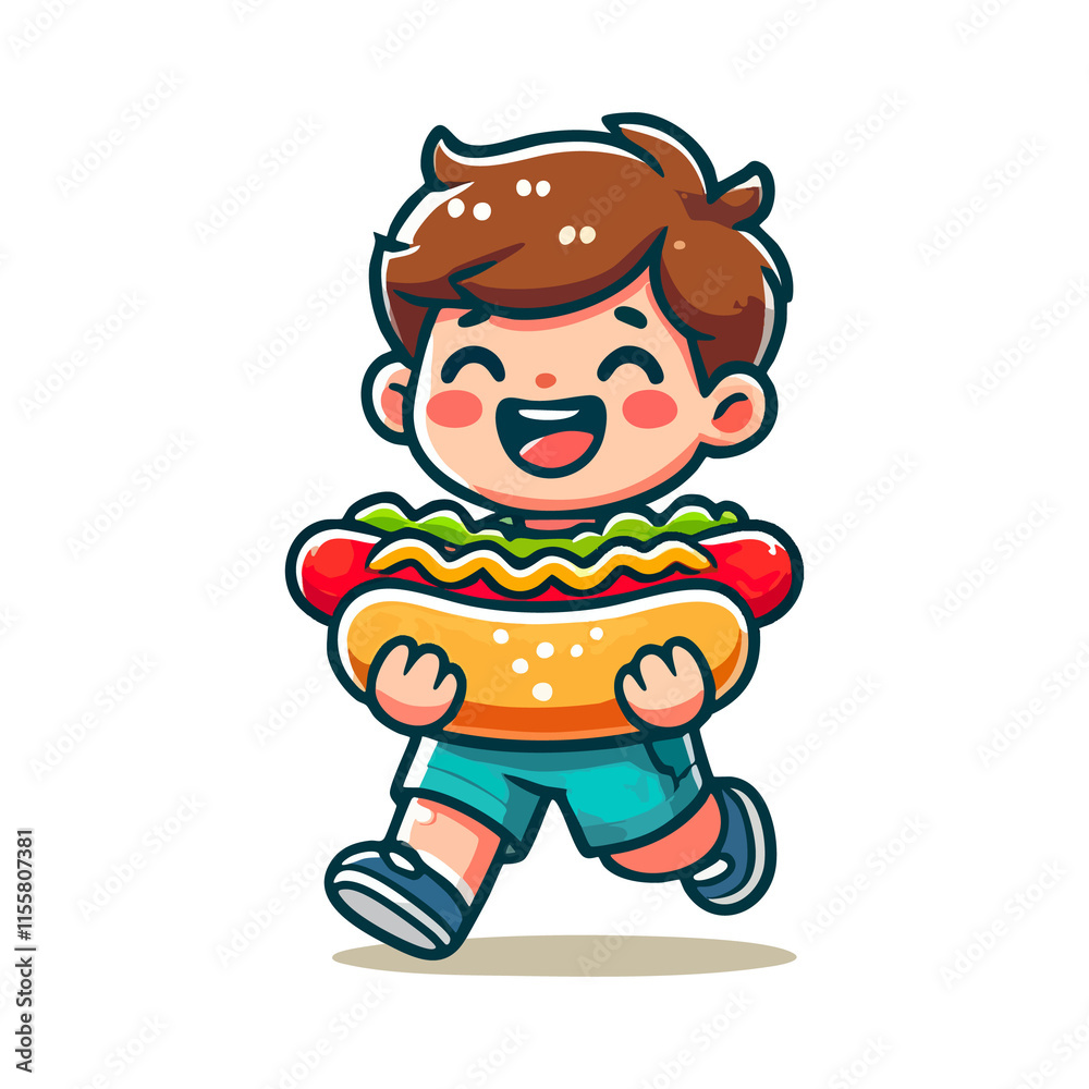 cute cartoon icon illustration little kid eating hotdog cute cartoon icon illustration little kid eating hotdog